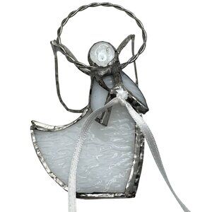 Stained Glass Angel Ornament Holiday Decor Twisted Metal Halo & Ribbon Accent